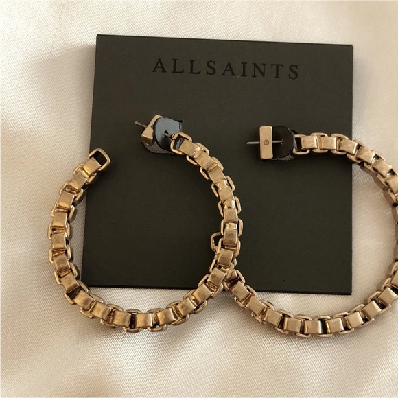 ALLSAINTS Gold Tone C-Shaped Link Chain Hoop Earrings NWT - Picture 6 of 12